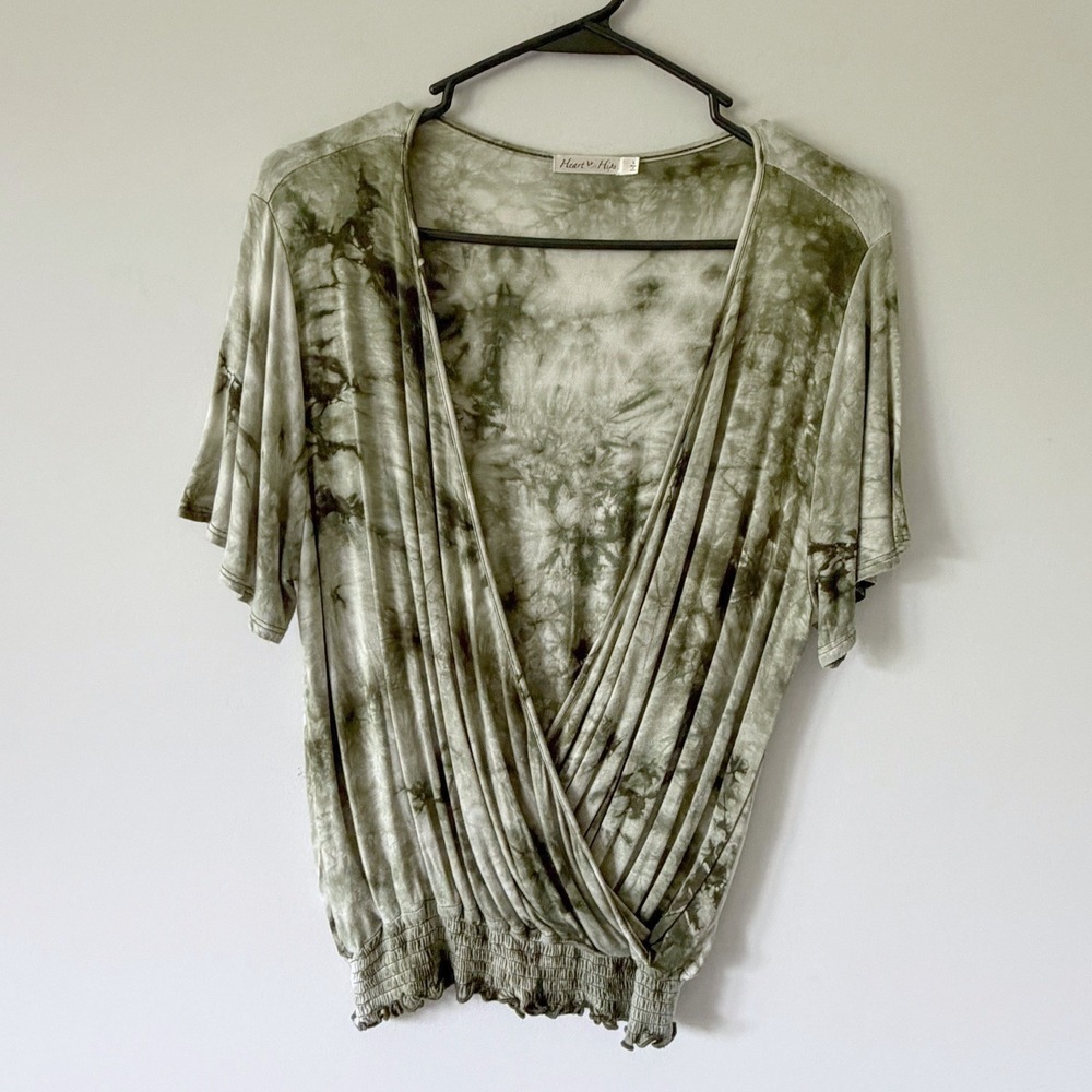 Heart Hips Green Tie Dye Surplice Wrap Top Smocked Waist LG Boho Festival Hippie
